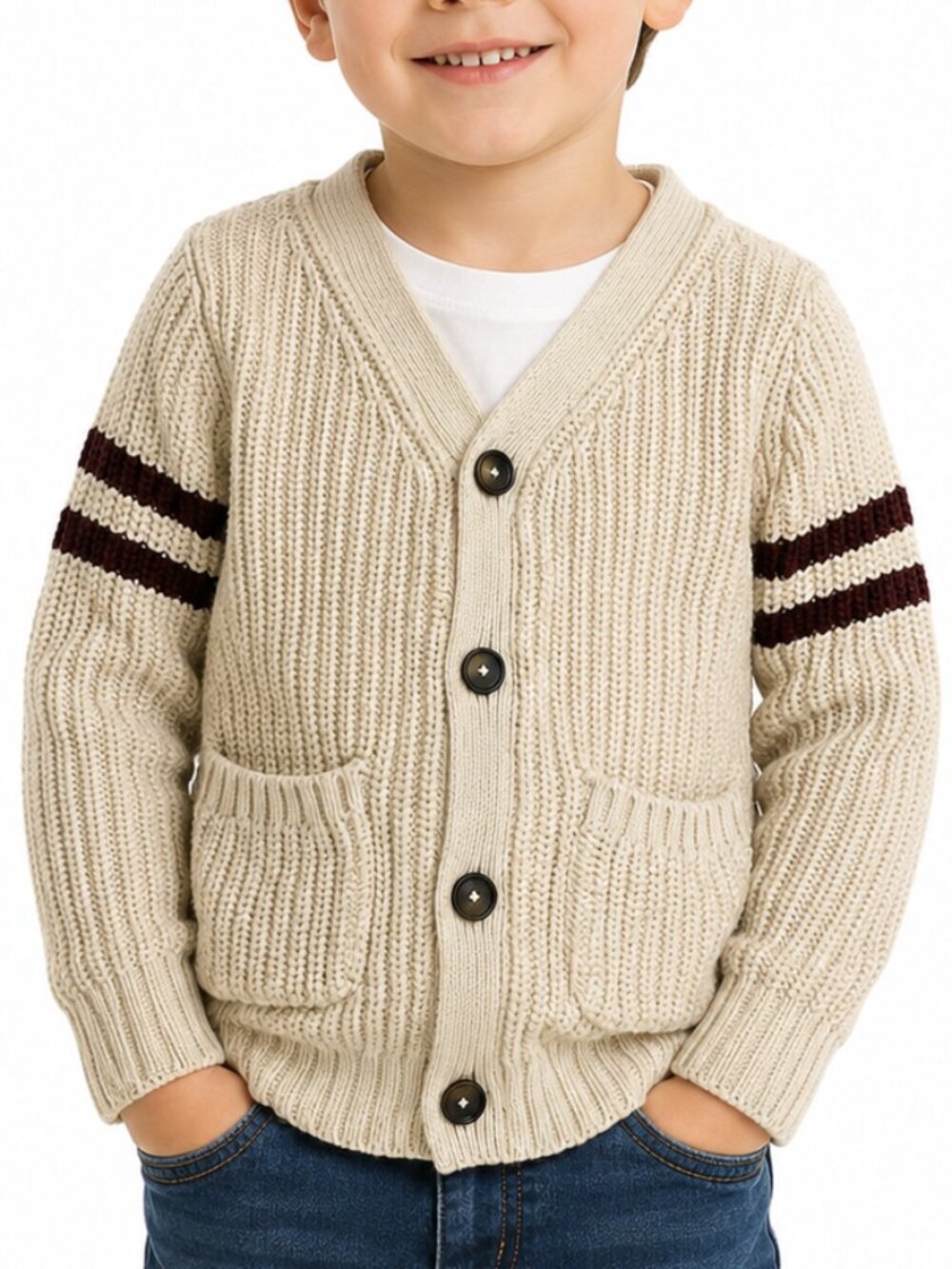 Old Navy Boys 5T Heavy Rib Knit Cardigan Cream 100% Cotton Varsity Sweater